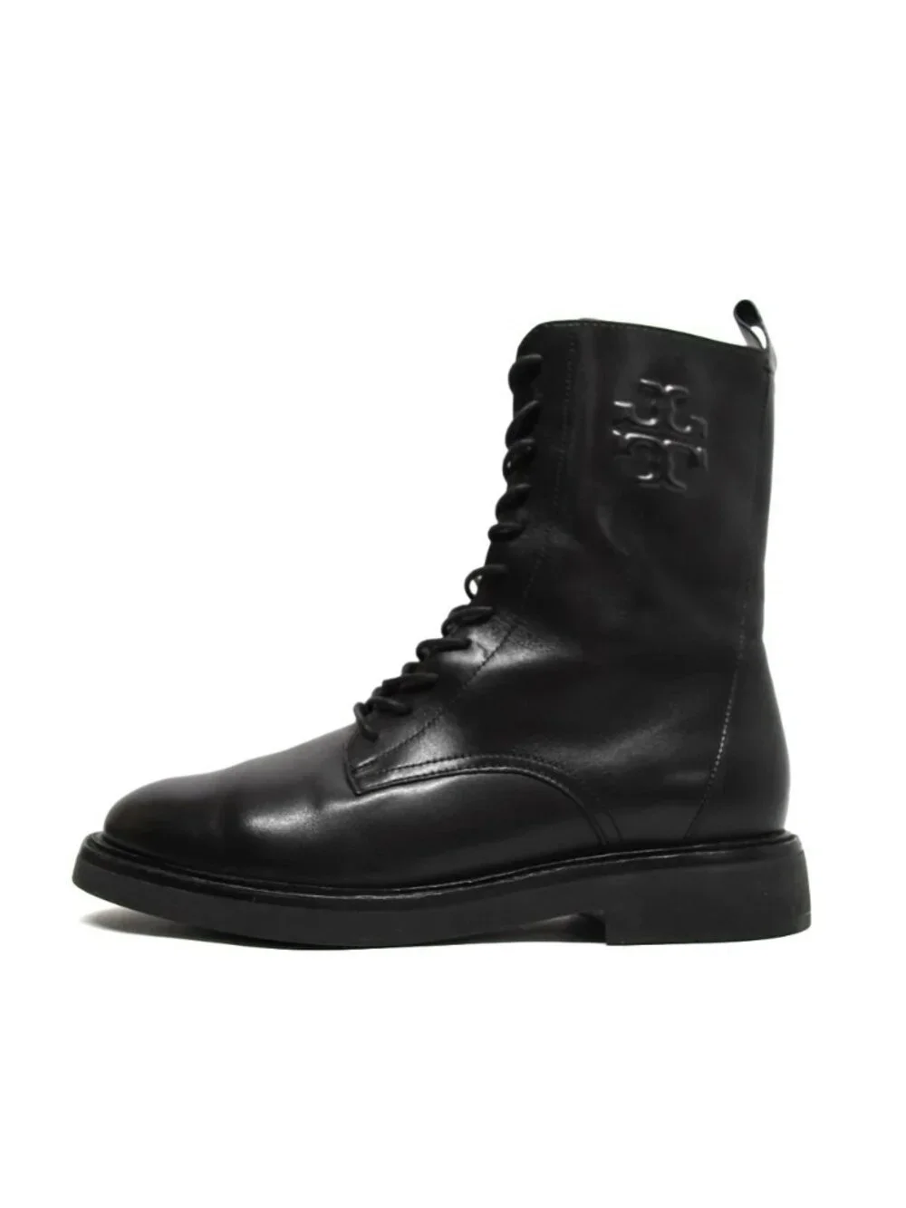 New! Tory Burch Double T Combat Boots Black Leather Size 8.5M DD509A 154336